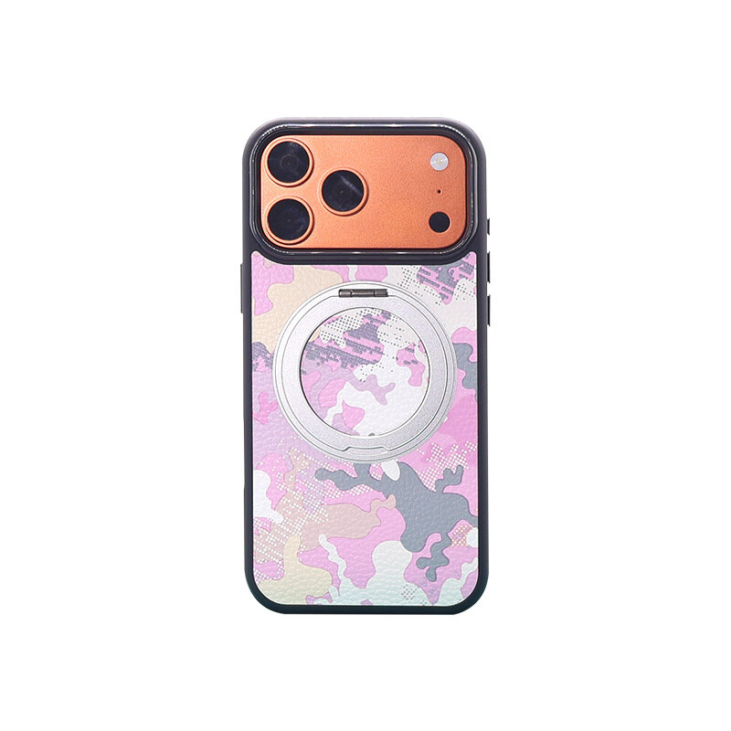Камуфляжный чехол из текстурированной кожи светло-розовый для iPhone 13 Pro Max с магнитным кольцом и подставкой