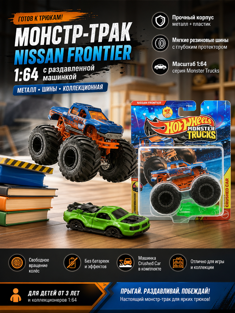 Монстр-трак Nissan Frontier 1:64 с раздавленной машинкой: металл, шины, коллекционная