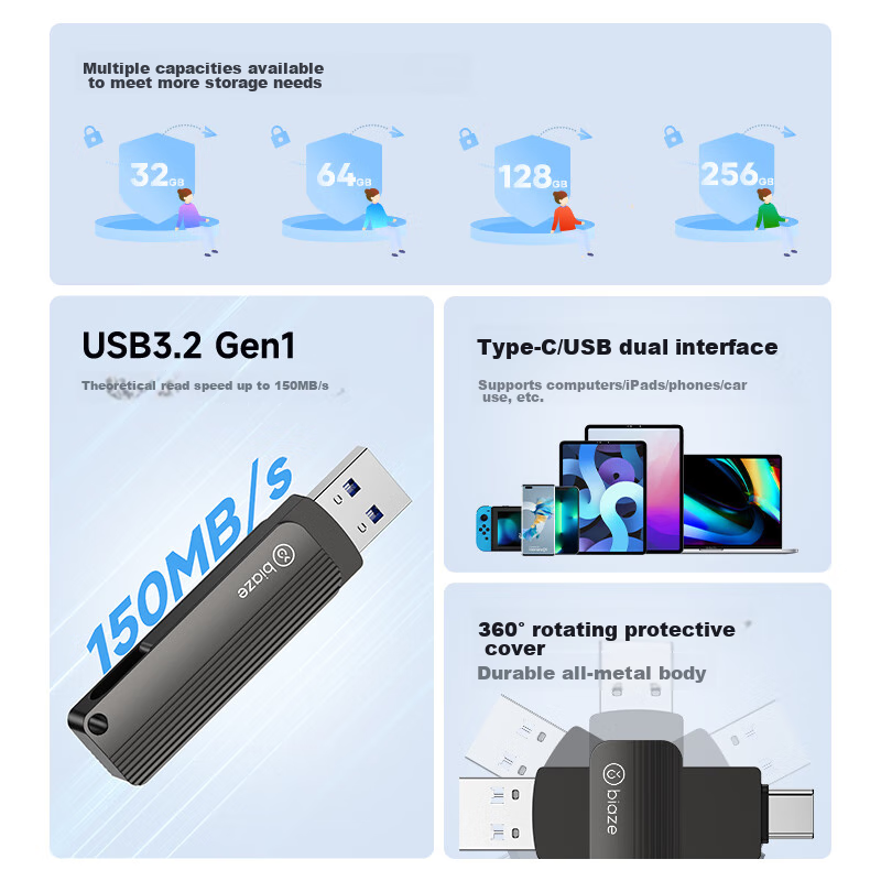 BIAZE 128GB USB3.2 Flash Drive Type-C Серый 150 МБ/с Скорость чтения Двойная интерфейс для телефона и компьютера