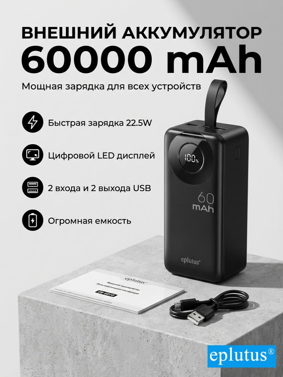 Внешний аккумулятор 60000 mAh Eplutus EB-601Q / 22.5W