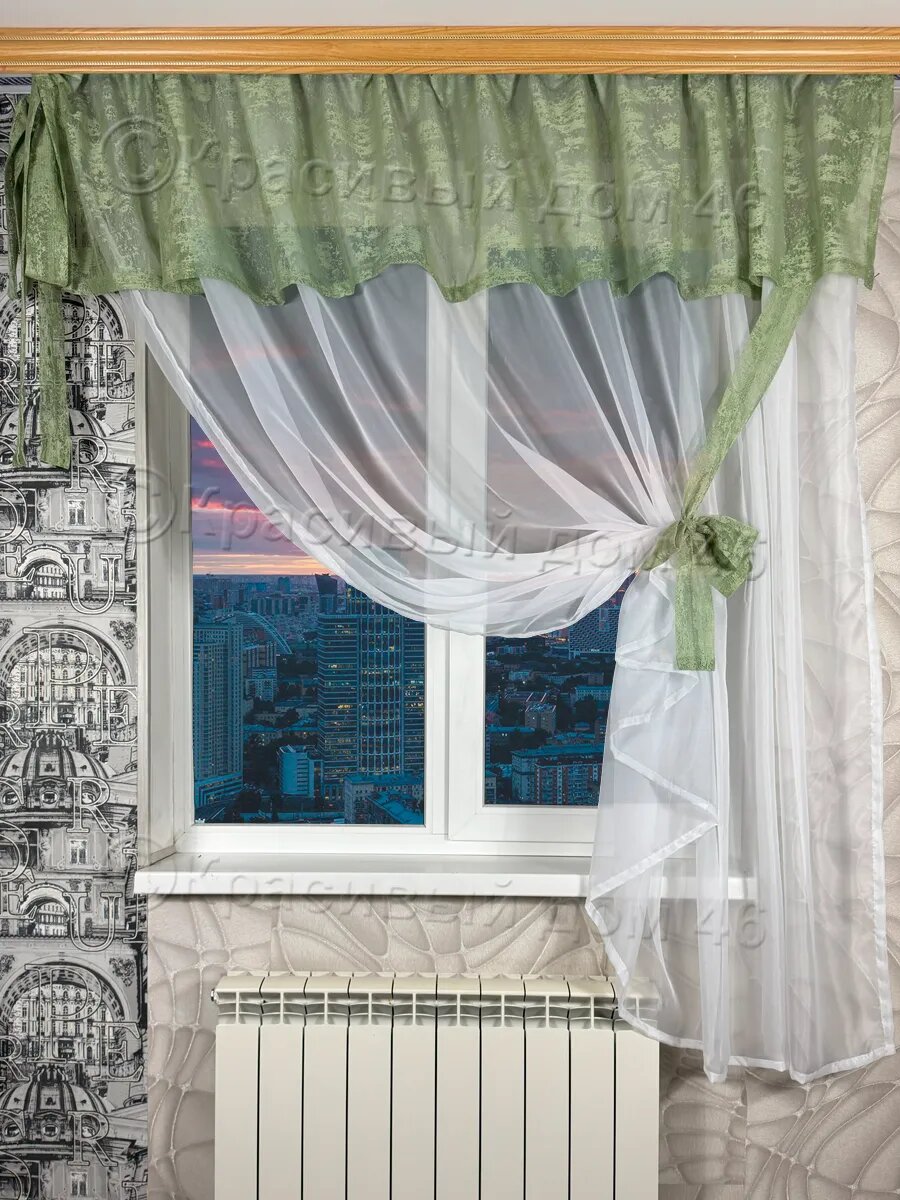 Штора "Красивый дом 46", тюль салатовый, белый короткий, 270х180 см