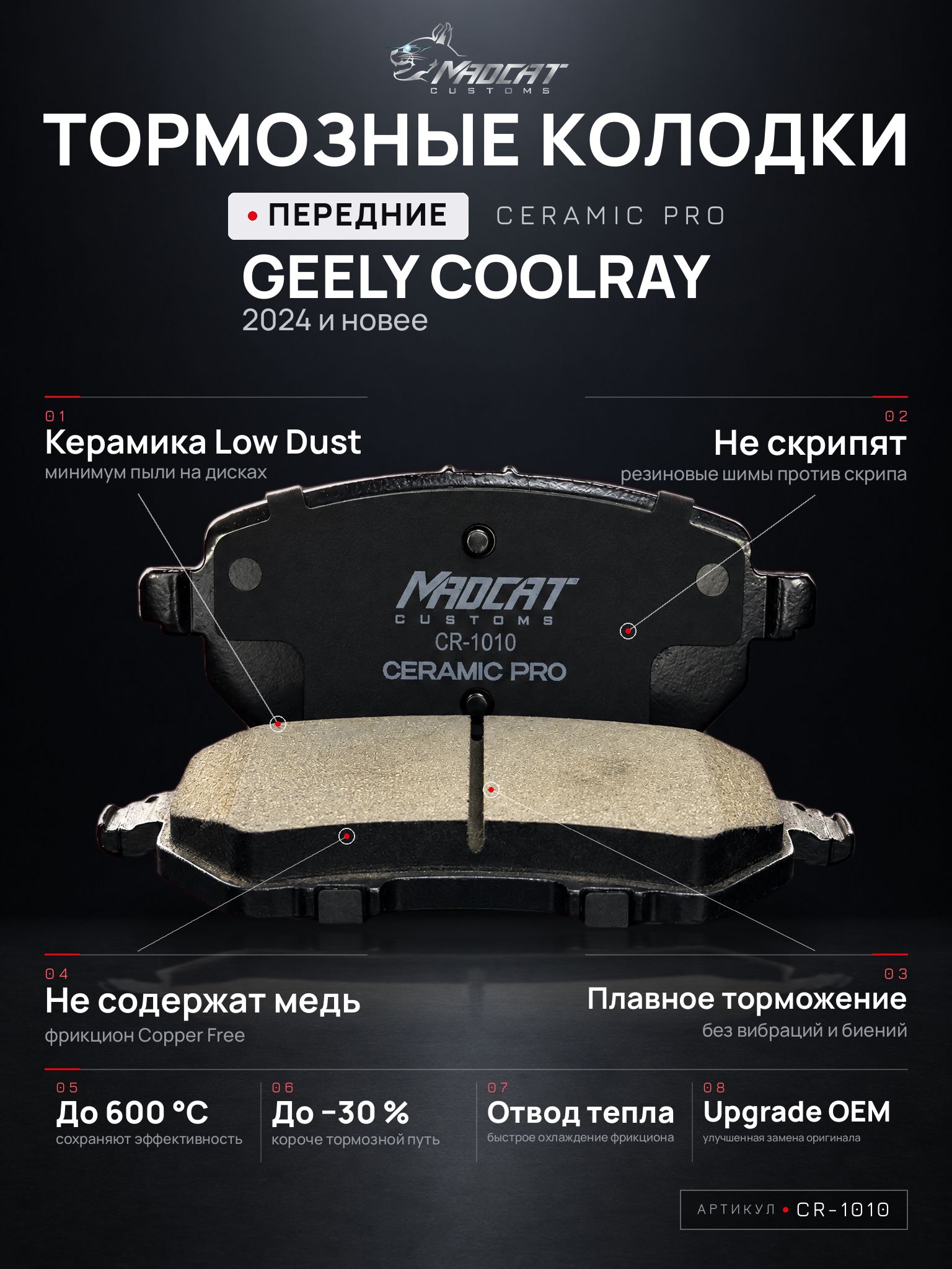 Колодки тормозные передние MADCAT CUSTOMS CR-1010 GEELY COOLRAY 2024 и новее