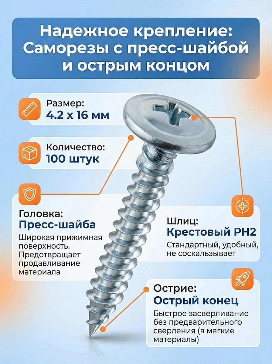 Саморезы по металлу 4,2х16 с прессшайбой острые (100 шт)