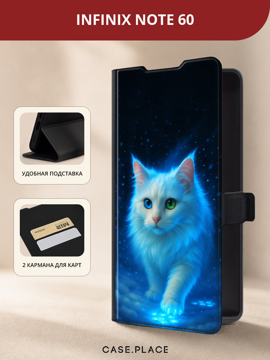 Чехол-книжка на Infinix Note 60 / Инфиникс Нот 60 с принтом Кошка с разноцветными глазами, черный
