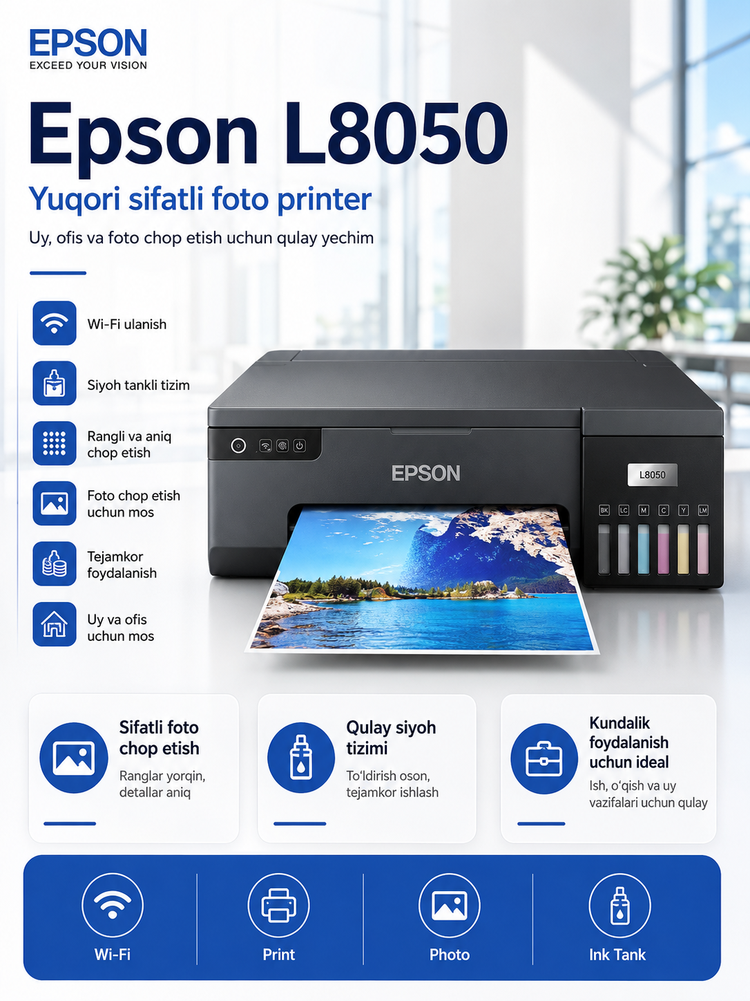 Epson L8050 rangli fotoprinter, Wi-Fi printer, A4, 6 rangli siyoh, ofis va uy uchun