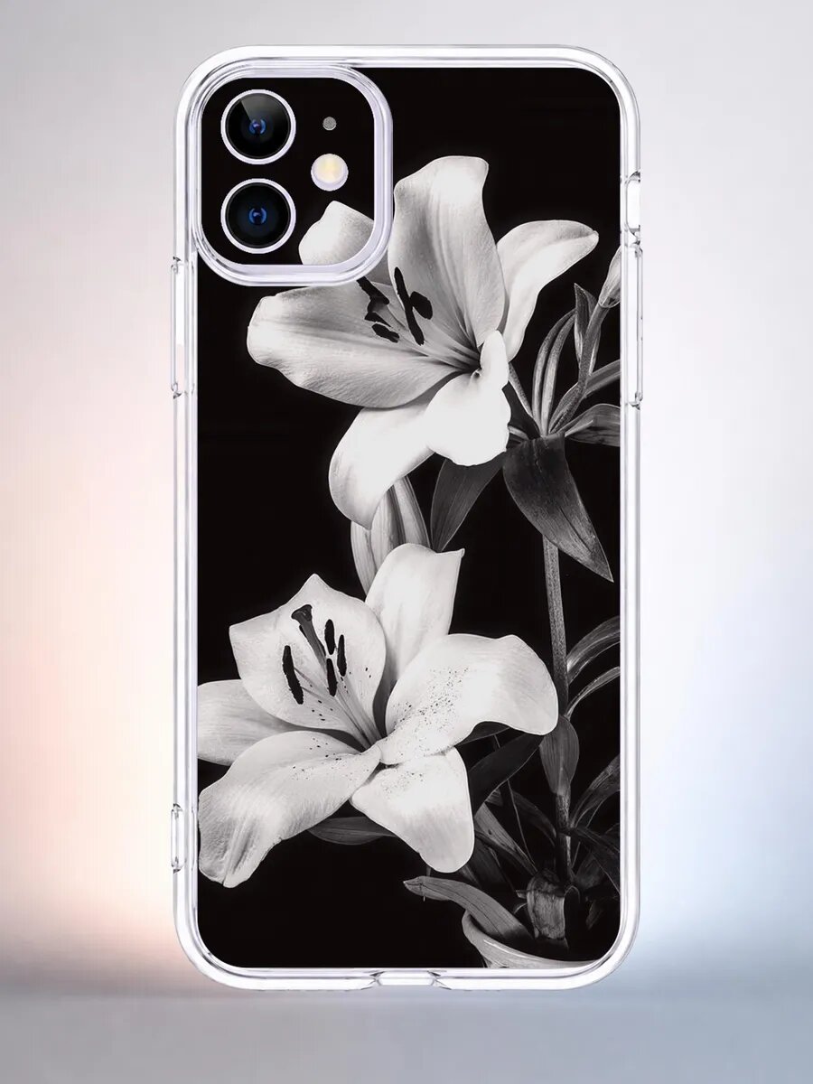 Чехол iPhone 11 лилии на черном силиконовый прозрачный