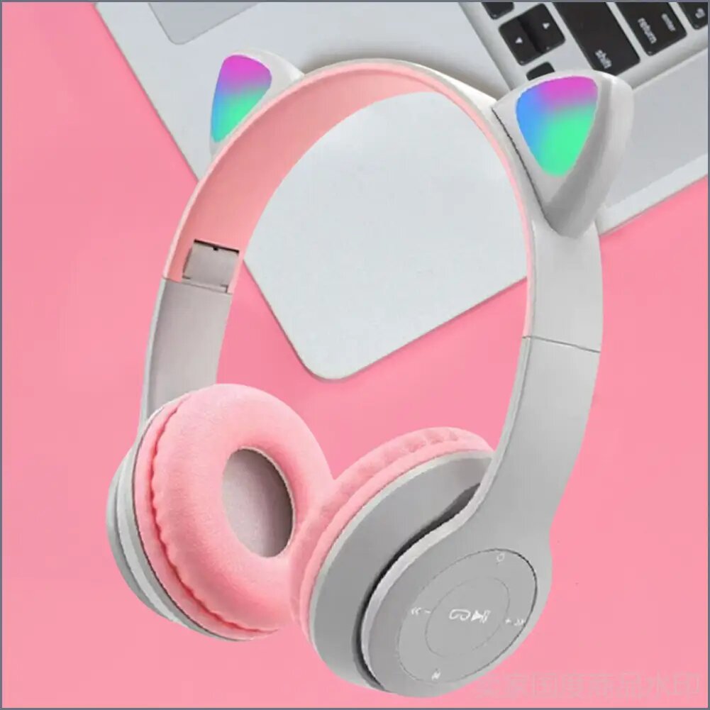 Беспроводные Bluetooth-наушники с кошачьими ушами и светодиодной подсветкой, серые