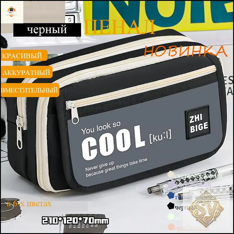 Вместительный школьный пенал на молнии от бренда cool DANA, черный, модель BD230615 11, с многочисленными карманами и отделениями для канцелярии, считается популярным выбором среди мальчиков и девочек