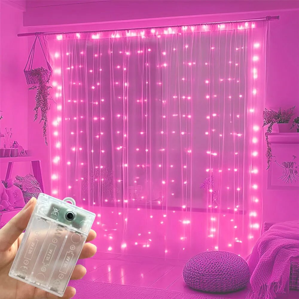 Розовая гирлянда-штора 3x3 м, 300 LED, на батарейках