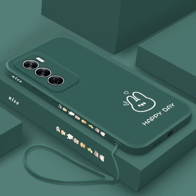 OPPO Reno12 Чехол из жидкой силикона с полной защитой и магическим кубиком на боку Темно-зеленый принт кролика