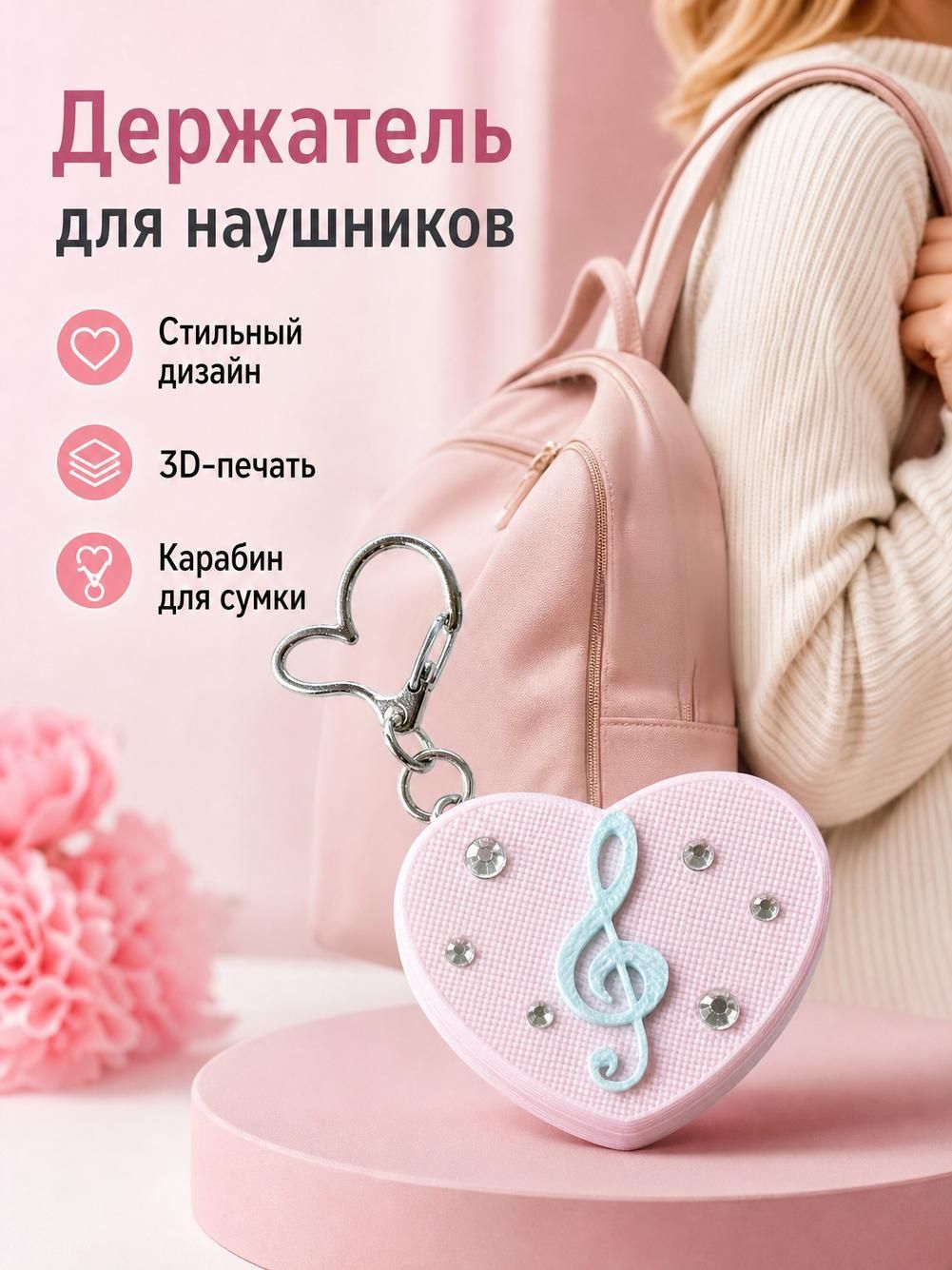 Лёгкая подвеска в виде музыкальной ноты с 3D-печатным держателем сердечка для хранения наушников
