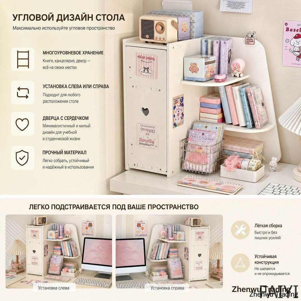Полка Настольная Угловая 36.5х24х36 см, Современный Стиль, Для Книг и Декора, Универсальное Использование