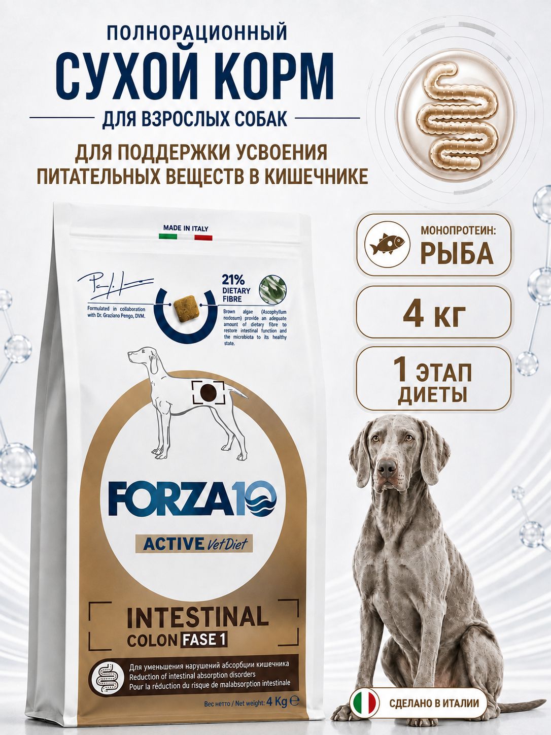 Сухой корм FORZA10 INTESTINAL COLON Fase-1 для взрослых собак всех пород для лечения колитов, экзокринной недостаточности поджелудочной железы, 4 кг