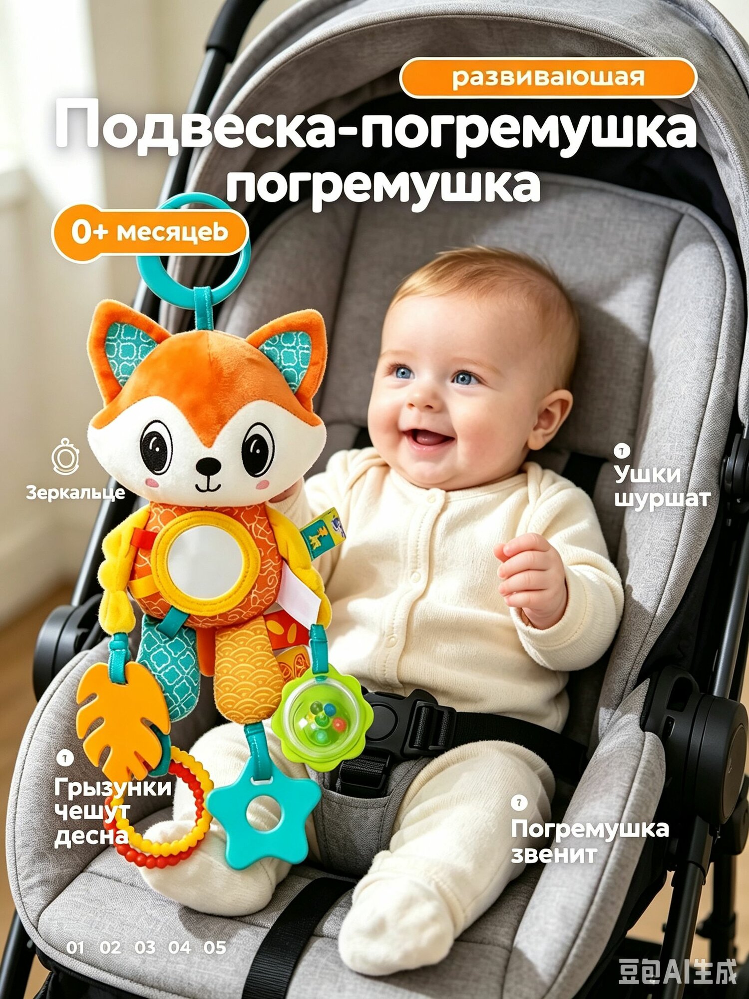 Мягкая игрушка подвесная развивающая, подвеска погремушка на коляску, автокресло и кроватку с силиконовым прорезывателем Лиса для новорожденных