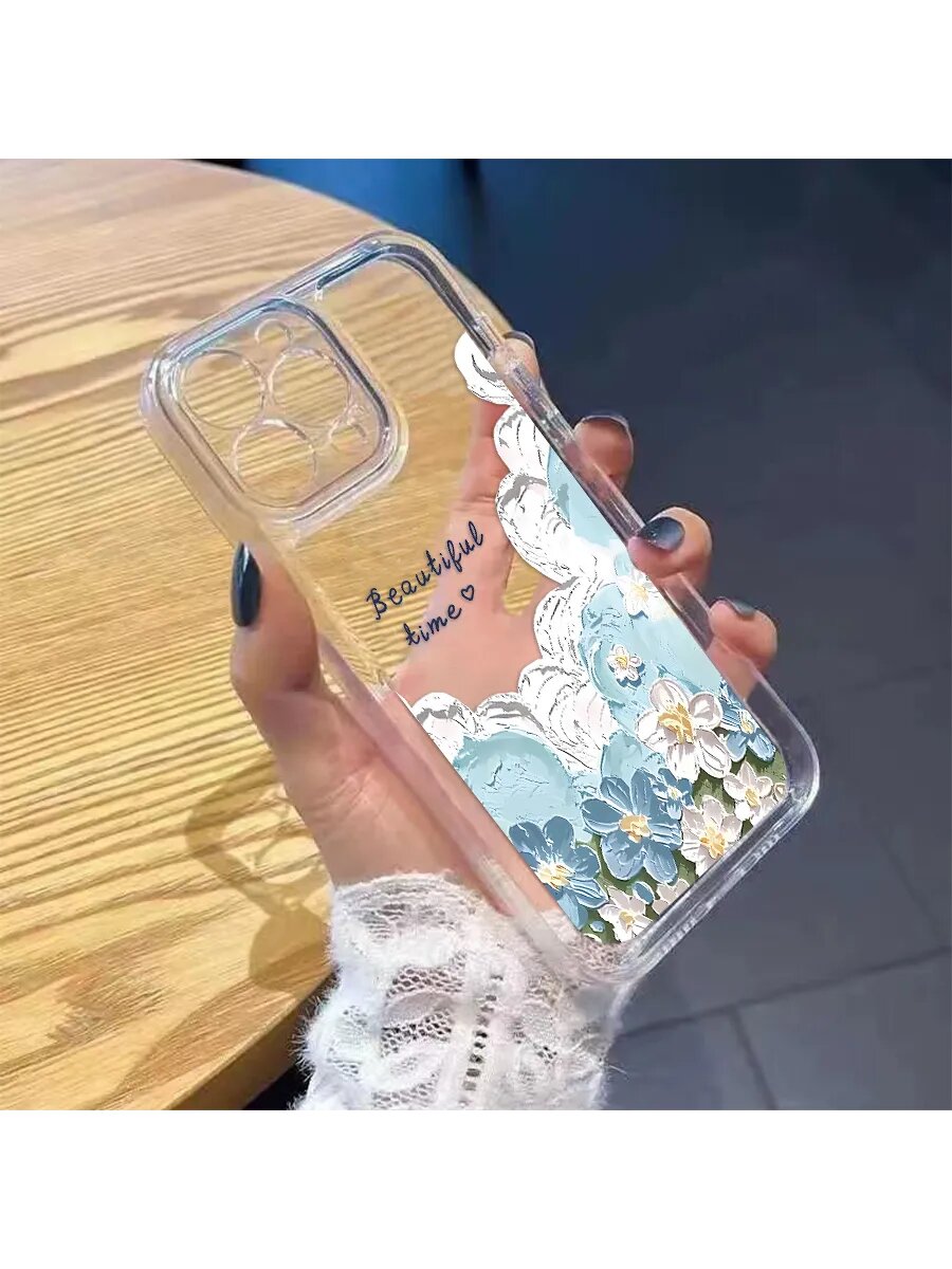 Чехол на IPHONE 14 прозрачный с принтом синяя цветы