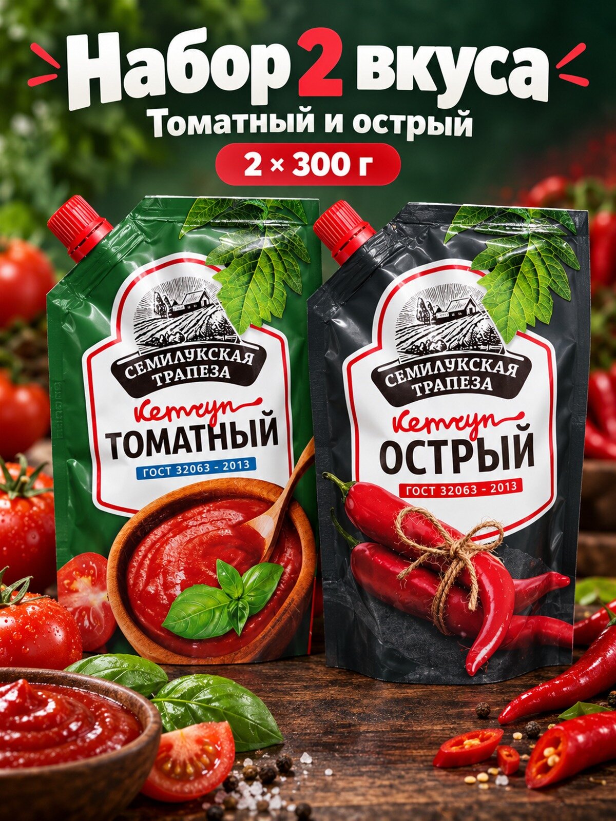 Набор кетчупов Семилукская трапеза Томатный и острый, 2 вкуса по 300 г: томатный, острый, кетчупы к мясу, шашлыку, пасте и пицце в одном заказе