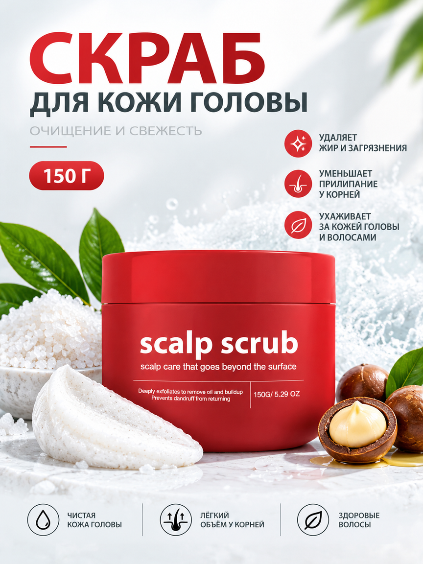 Скраб для кожи головы, мягкое очищение, контроль жирности, свежесть и объём волос у корней
