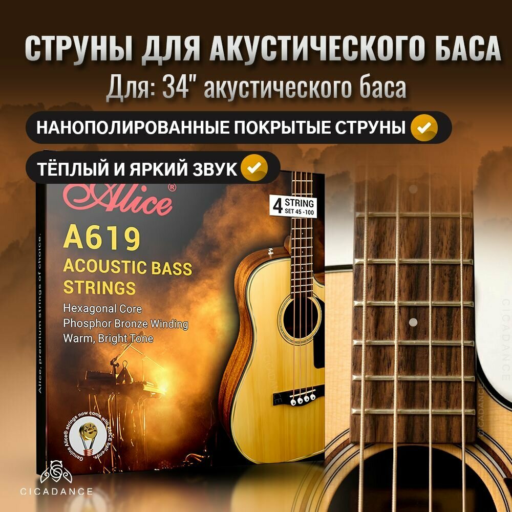 Струны для акустического баса фосфористая бронза Alice A619 нанополированное покрытие шестигранный сердечник антикоррозийные 4 шт
