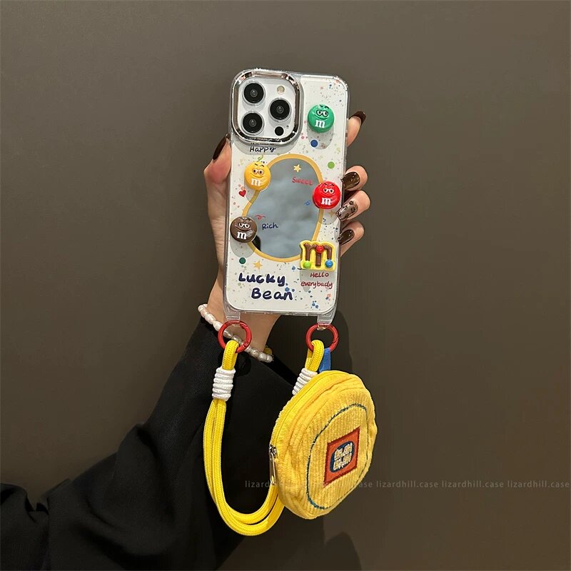 Чехол для iPhone 13 Pro с цветным точечным 3D-дизайном М&М, желто-белым браслетом и желтым круглым кошельком