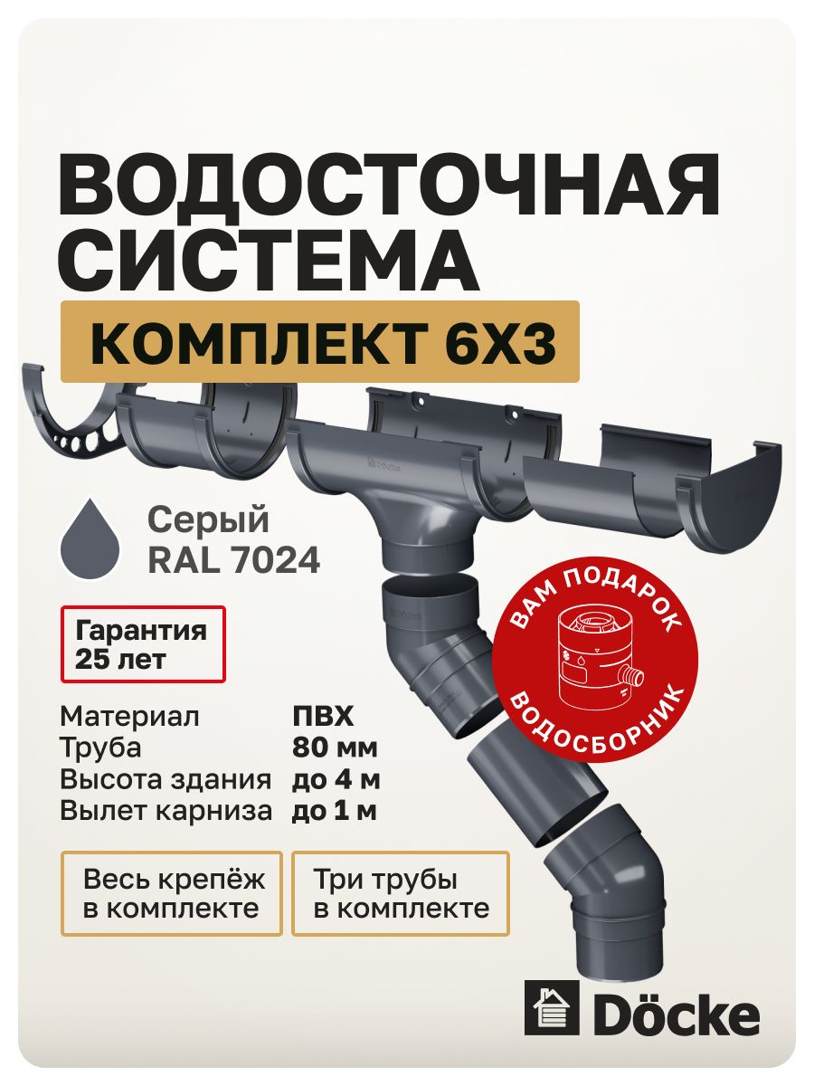Комплект пластиковой водосточной системы Docke комфорт 6х3 (серый)