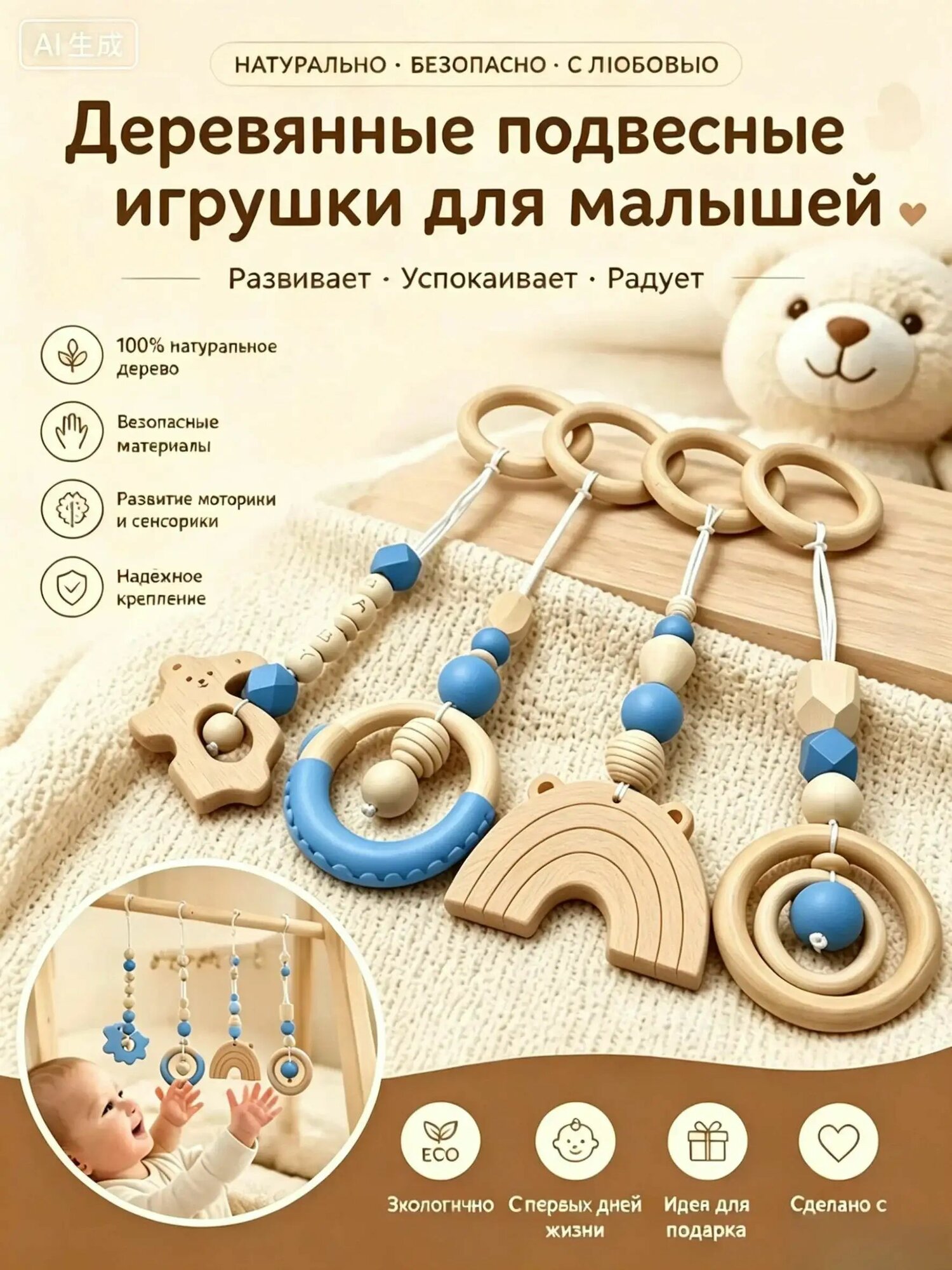 Подвесы для стойки-тренажера Монтессори. 4 штуки<текстовый редактор> Развивающая подвеска-игрушка на кроватку Зайка с бусинами и прорезывателем для малышей от 0+