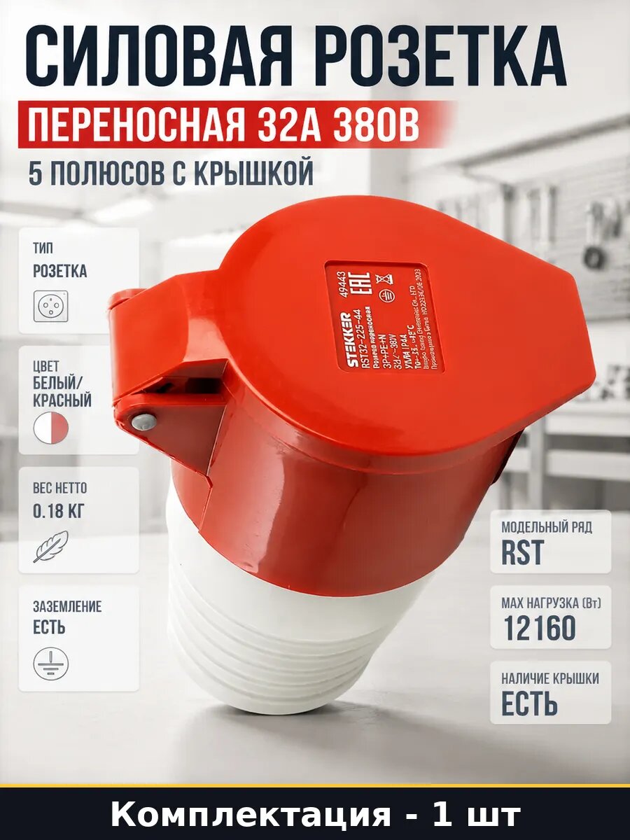 Силовая розетка переносная 32А 380В 5 полюсов с крышкой