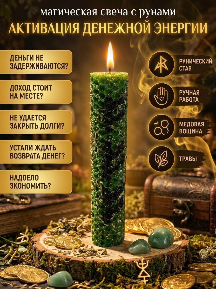 Магическая зеленая денежная свеча с рунами Феху