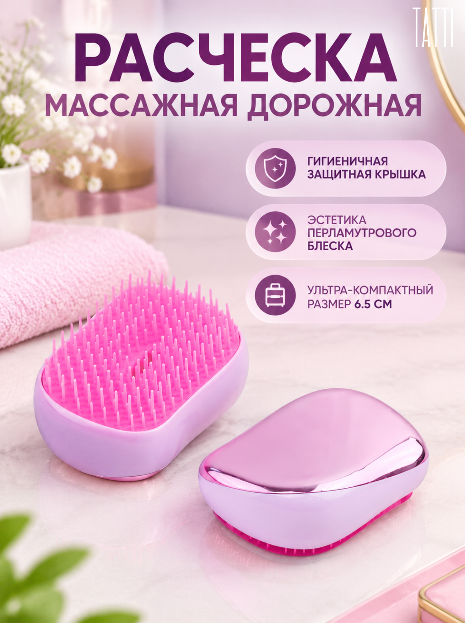 Расческа массажная Tatti дорожная с крышкой, перламутр, 6.5см
