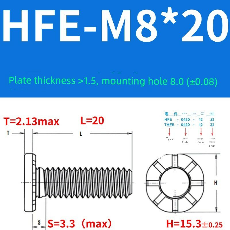 HFE Высокопрочные оцинкованные заклепочные винты из углеродистой стали M8 x 20 мм 100 шт. для промышленного крепежа