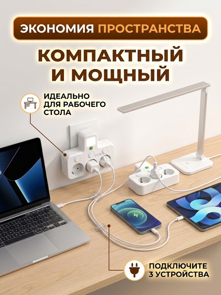 Настенный разветвитель питания на 3 евророзетки, адаптер переходник для дома, офиса и кухни, 2500Вт