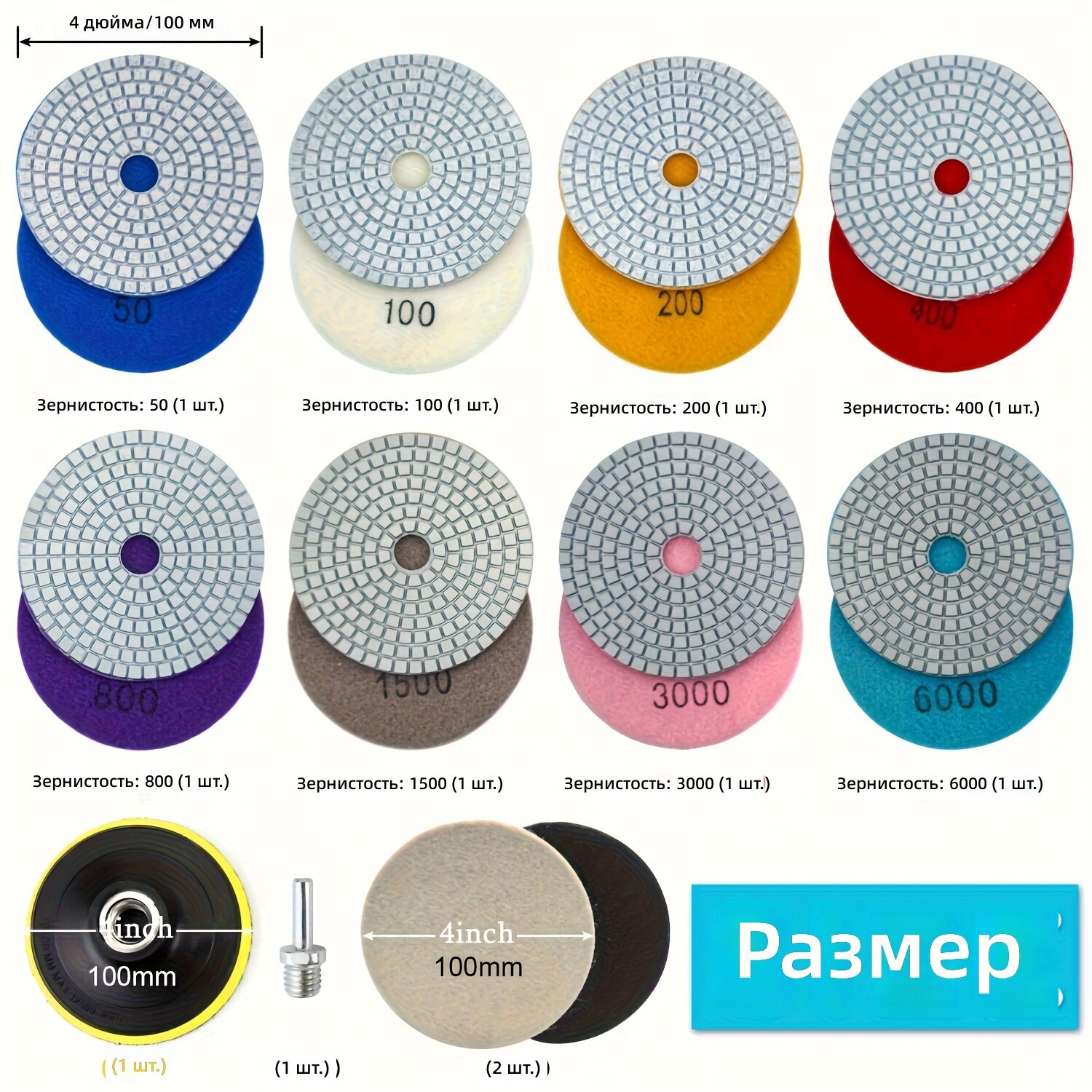 Алмазные шлифовально-полировальные диски, набор из 12 шт, 4 дюйма, крепление 5/8"-11 с полимерной основой для мокрой и сухой обработки бетона, мрамора, столешниц и кварца