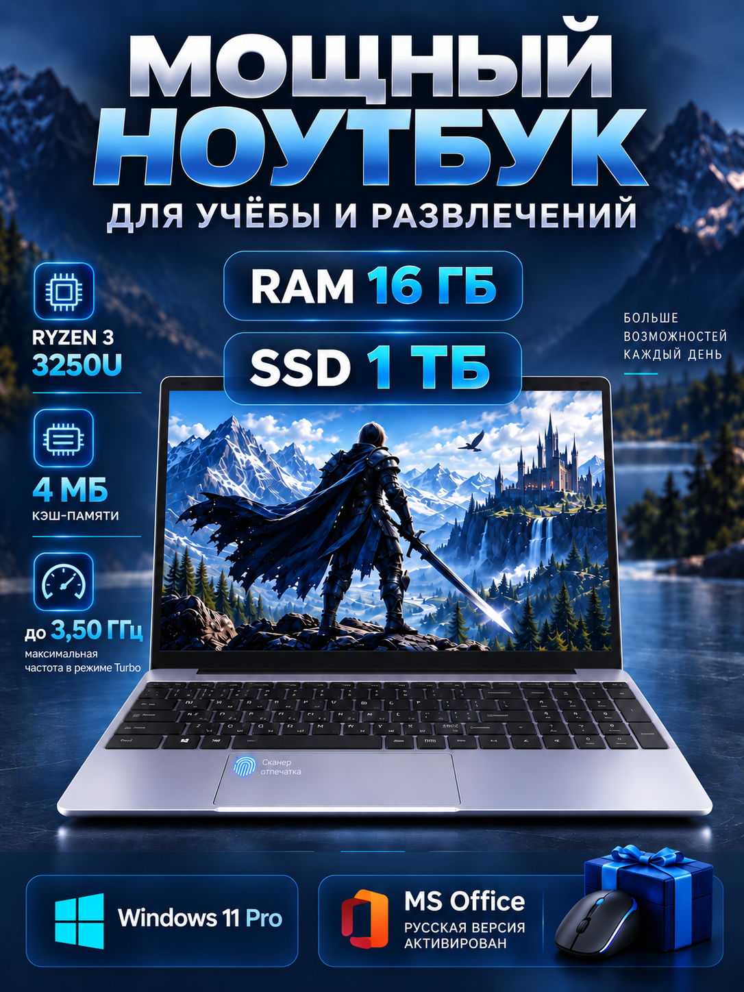 Мощный Ноутбук для работы и учебы с подсветкой, 15.6", RAM 16 ГБ, SSD 1024 GB Windows 11 Pro, Русская