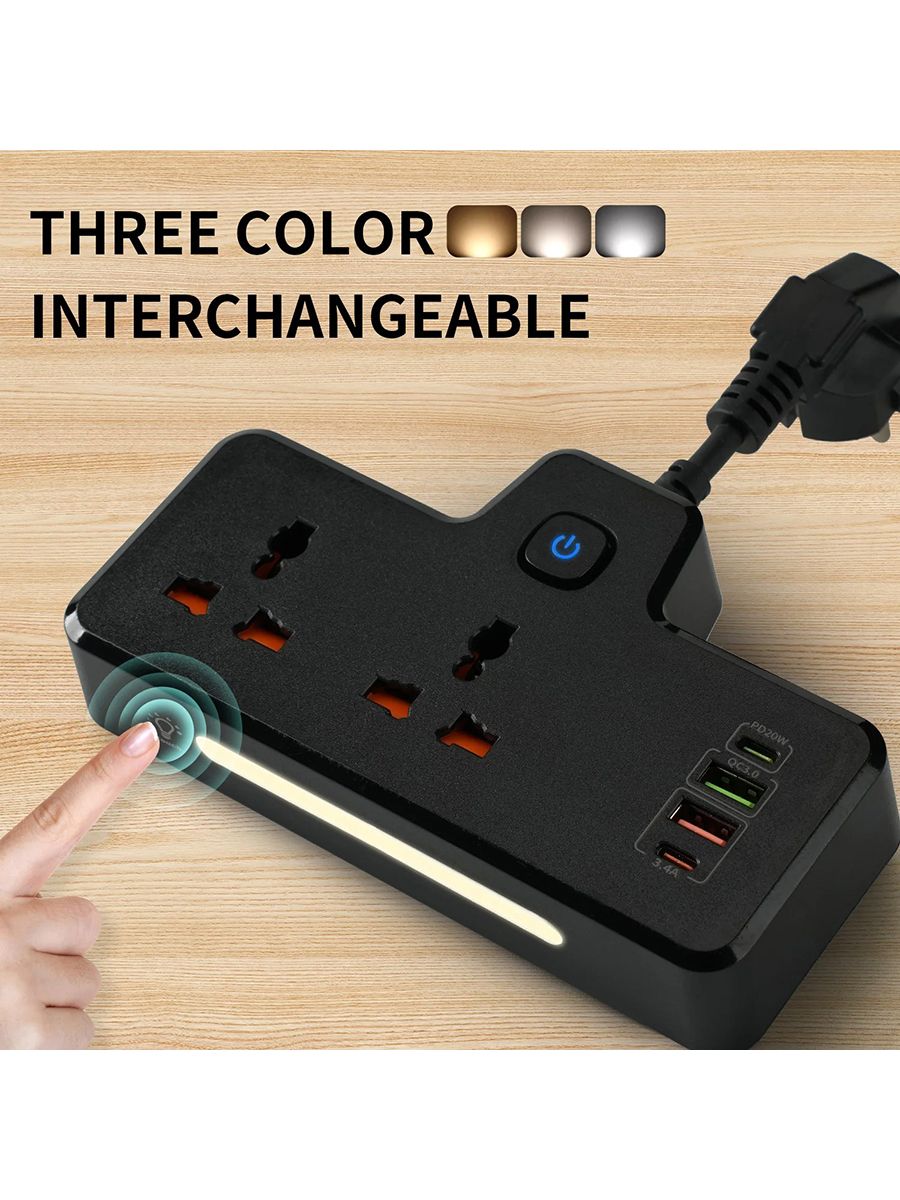 Разветвитель 2 розетки с ночником и USB, Type-C, Розетка с выключателем