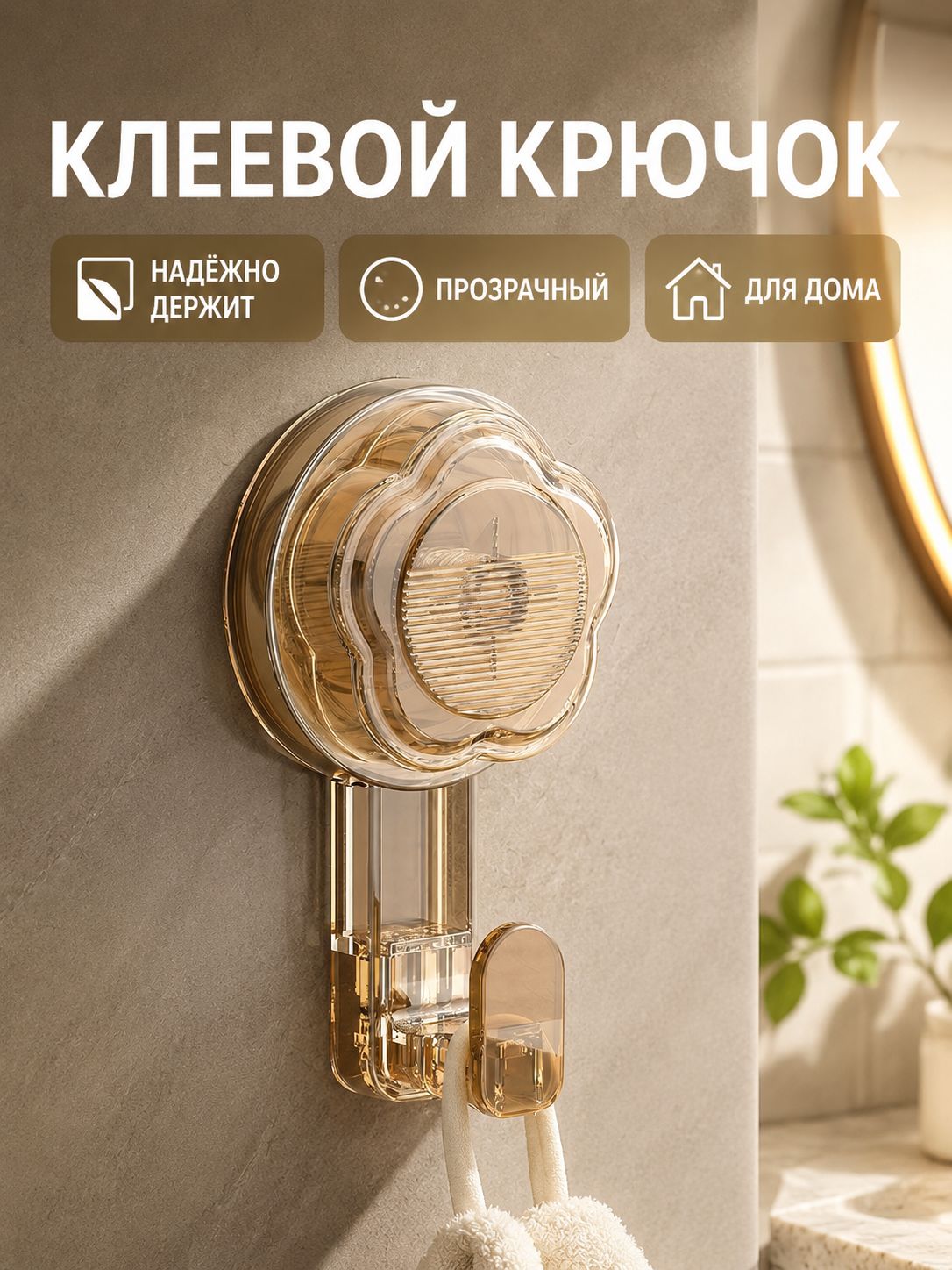 Вращающийся вакуумный крючок для ванной и кухни на присоске, прозрачный коричневый