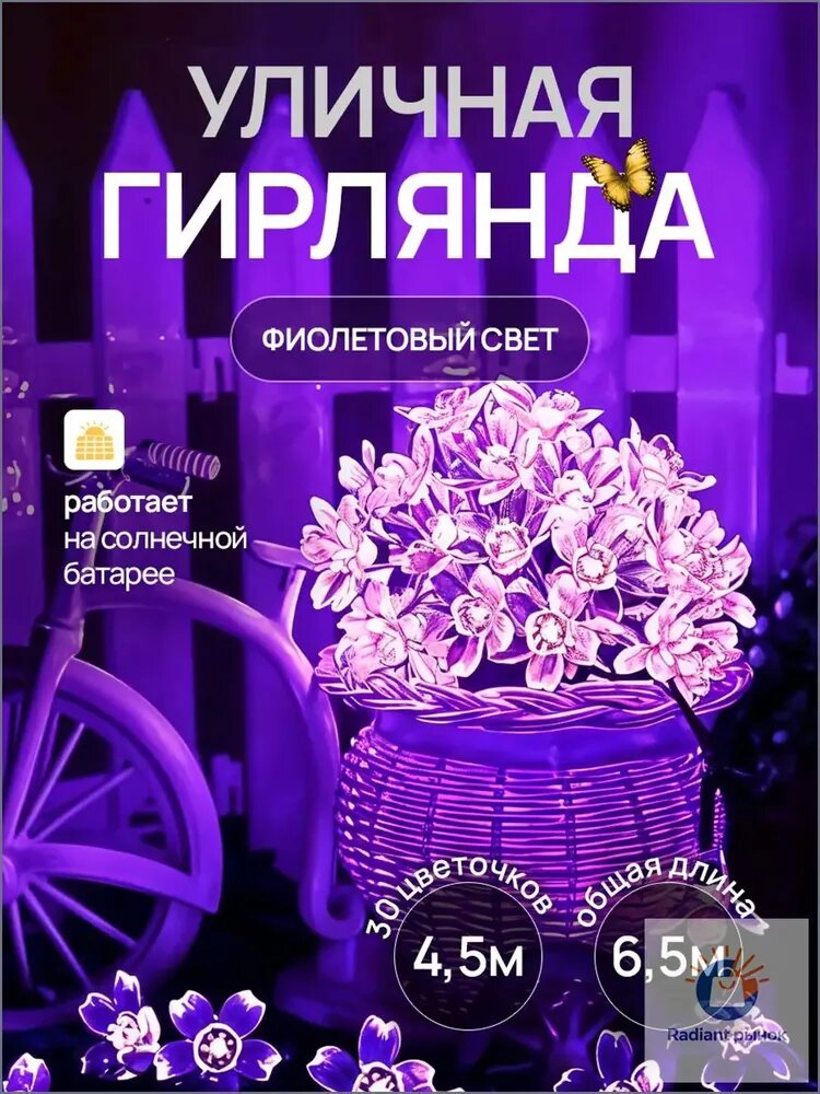 LIGHTINGTON зажигаем свет в ваших сердцах Электрогирлянда уличная Светодиодная 30 ламп, 6.5 м, питание Солнечный элемент + батарея, 1 шт