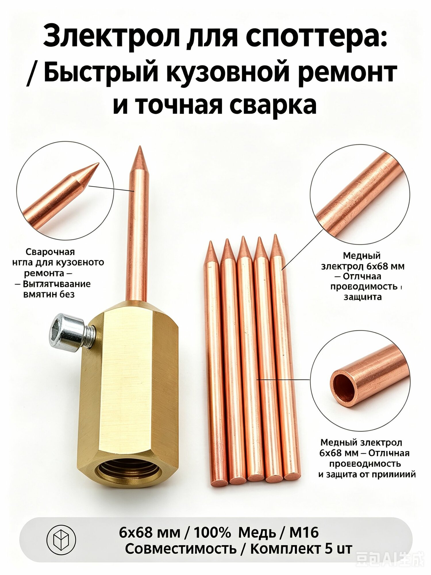 Электрод для споттера 6х68 мм для кузовного ремонта и вытягивания вмятин комплект 5 шт