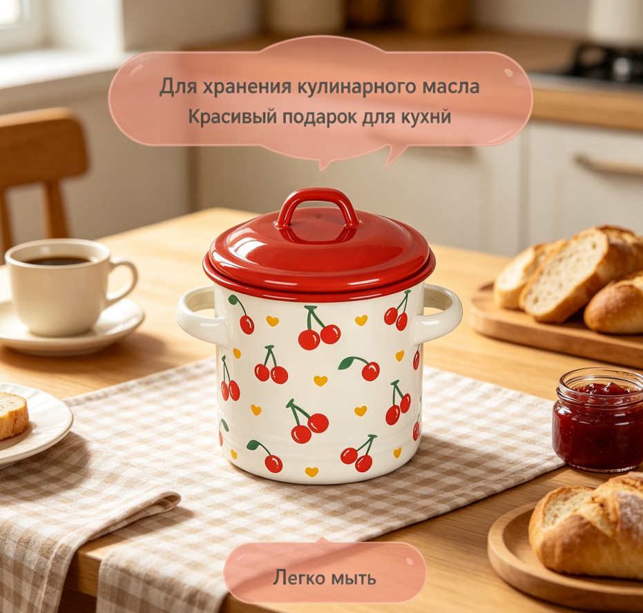 Эмалированная банка для жира с двумя ручками и крышкой, кухонная емкость для свиного жира и растительного масла