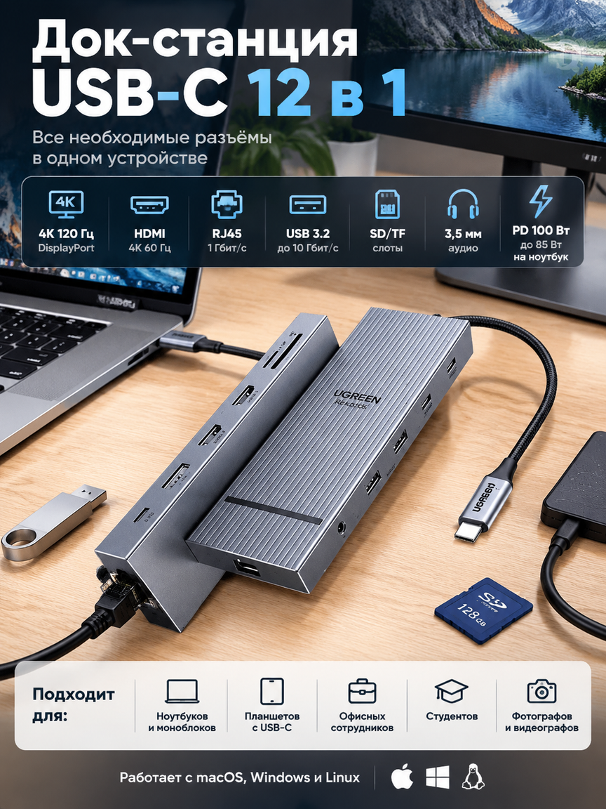 Док-станция USB-C 12 в 1: DP 4K 120 Гц, HDMI, Ethernet RJ45, USB 3.2, слоты SD/TF, PD 100 Вт