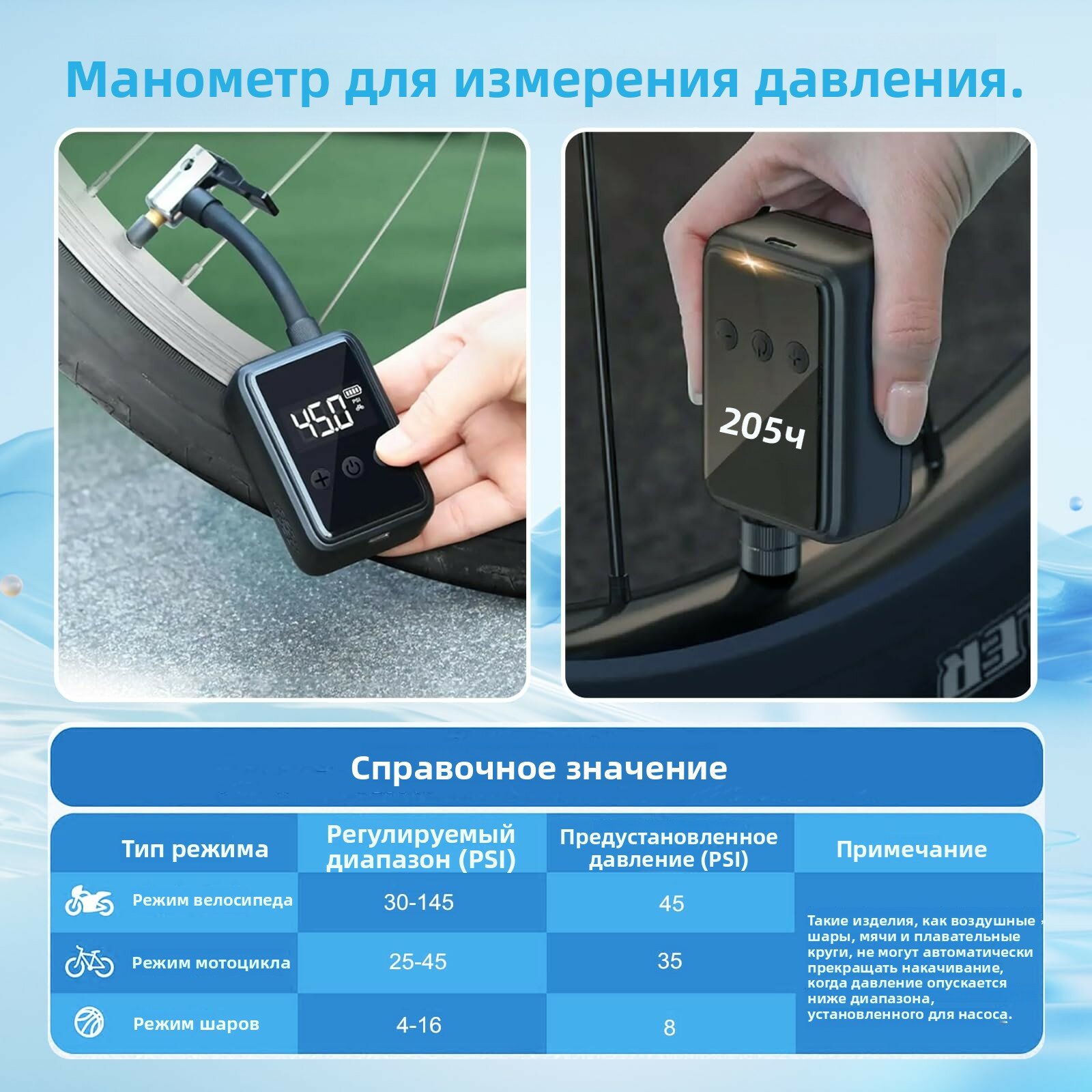Аккумуляторный насос для велосипедов с цифровым манометром 150 PSI и клапанами Presta и Schrader для мотоциклов и мячей