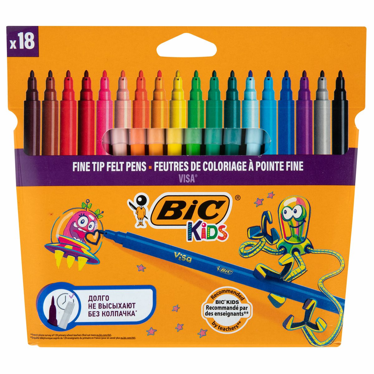 Набор фломастеров 18 цветов BIC Kids Visa 880 (линия 0.9мм, смываемые) картон, европодвес (888681)