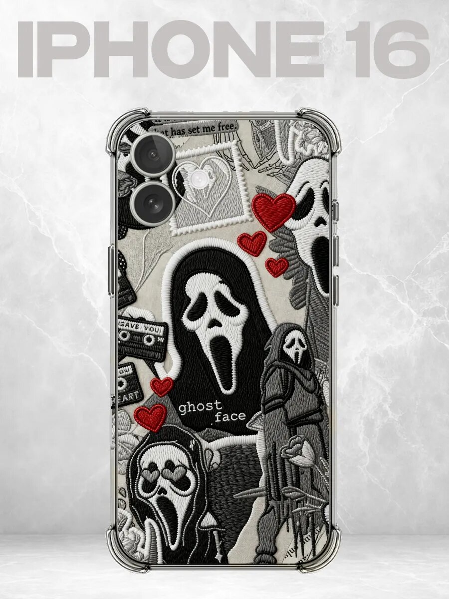 Чехол на iPhone 16 с принтом Черно-белый коллаж Ghostface