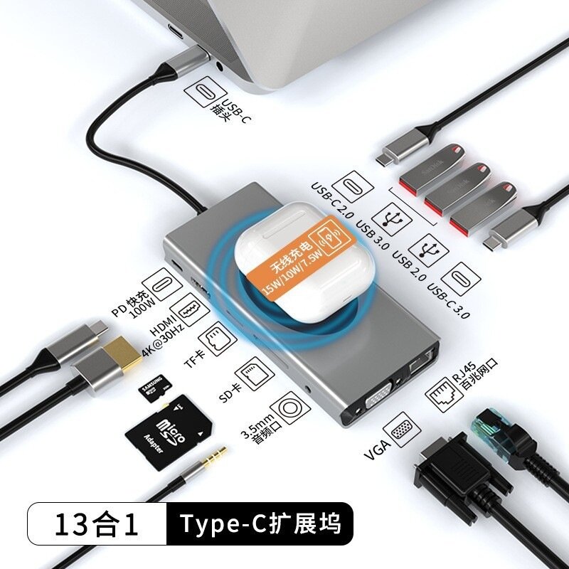 13-в-1 USB 3.0 Type-C Хаб с 15W Беспроводной Зарядкой и Адаптером 100Mbps Ethernet
