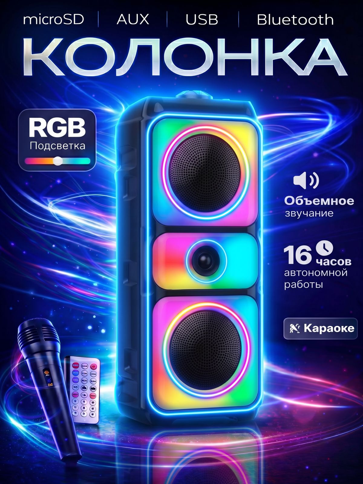 Колонка блютуз беспроводная музыкальная с микрофоном, 4800W