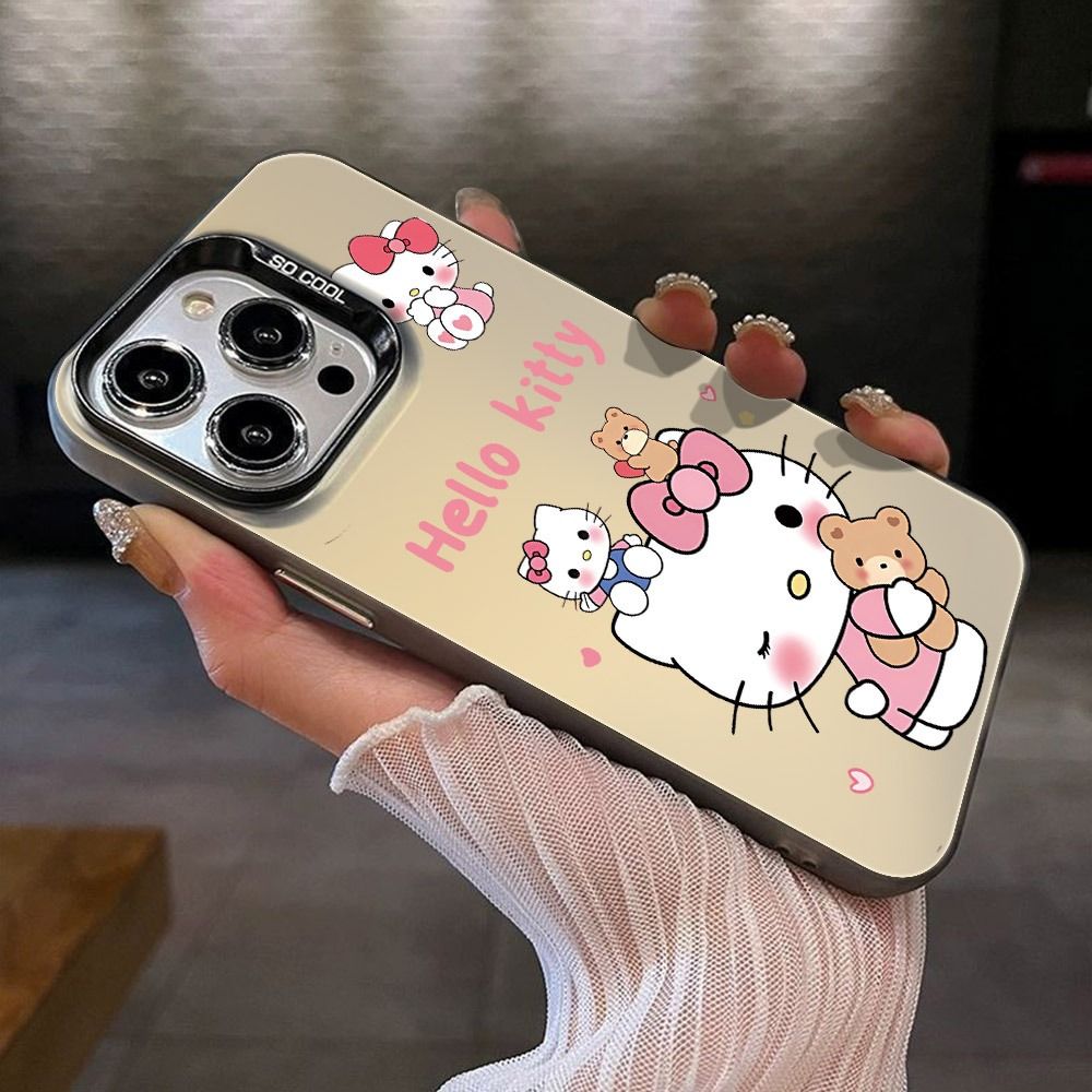 Чехол на Айфон iPhone 11 Pro Max / Apple iPhone 11 Pro Max серо-бежевого оттенка с принтом Hello Kitty и медвежат, антиударный силиконовый чехол