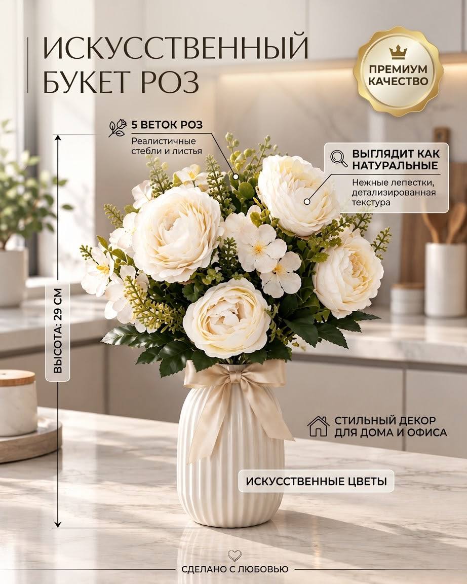 Искусственные цветы - Пионовидные розы, 5 веток белые, премиум качество, для декора