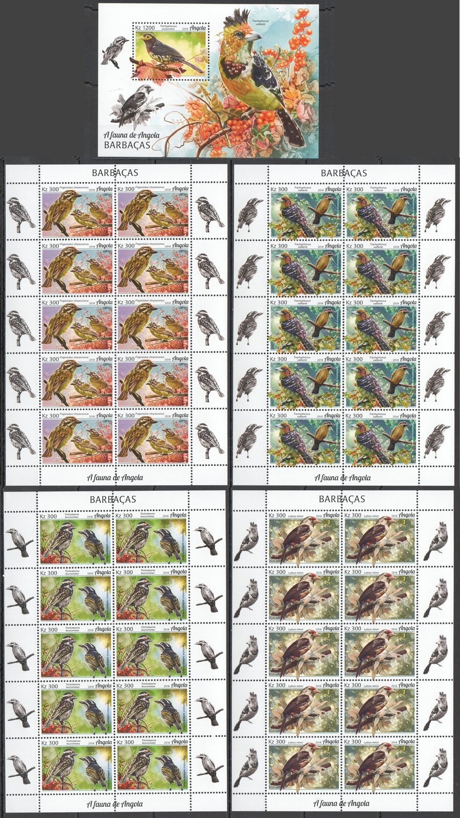Марки 2018 год Ангола Бородастики Птицы Фауна #1966-1969 ! 4 Листа+Bl159 Mnh