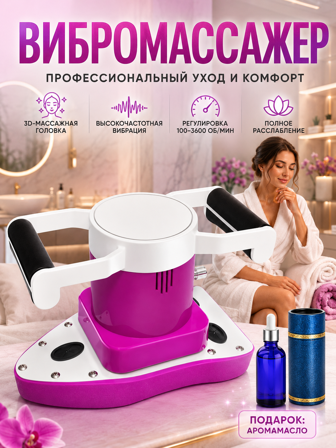 Вибрационный массажер с 3D-массажной головкой и высокочастотной вибрацией, диапазон регулировки оборотов от 100 до 4200 в минуту, поставляется с удобным защитным кейсом для домашнего
