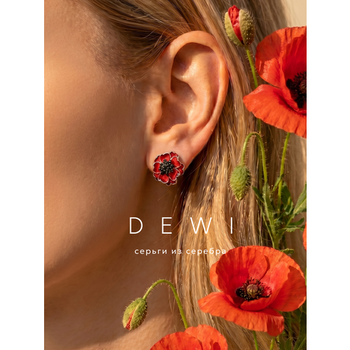 фото Серьги dewi, серебро, 925 проба, родирование, эмаль, размер 15 мм, длина 1.5 см, , красный