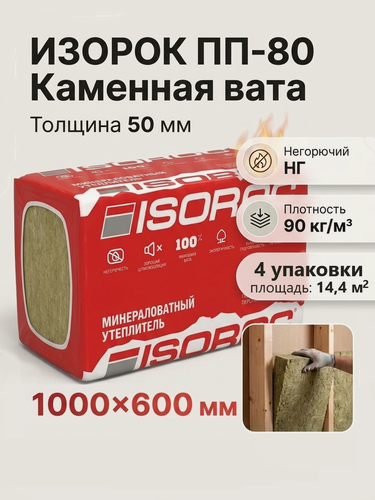 Изображение товара Минвата 50мм утеплитель изорок ПП-80, 4 упаковки 14,4м2, 24 плиты, каменная вата, плотность 90 кг/м3
