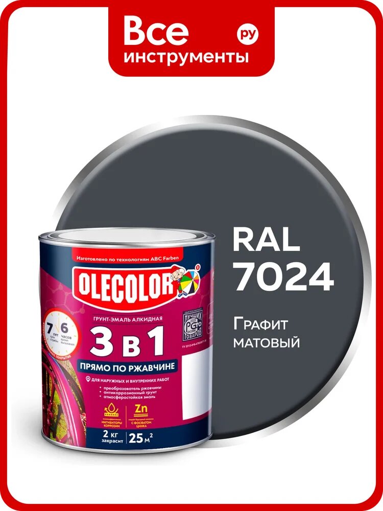 Грунт‑эмаль по ржавчине Olecolor графит 7024 матовый, алкидная быстросохнущая износостойкая, моющаяся